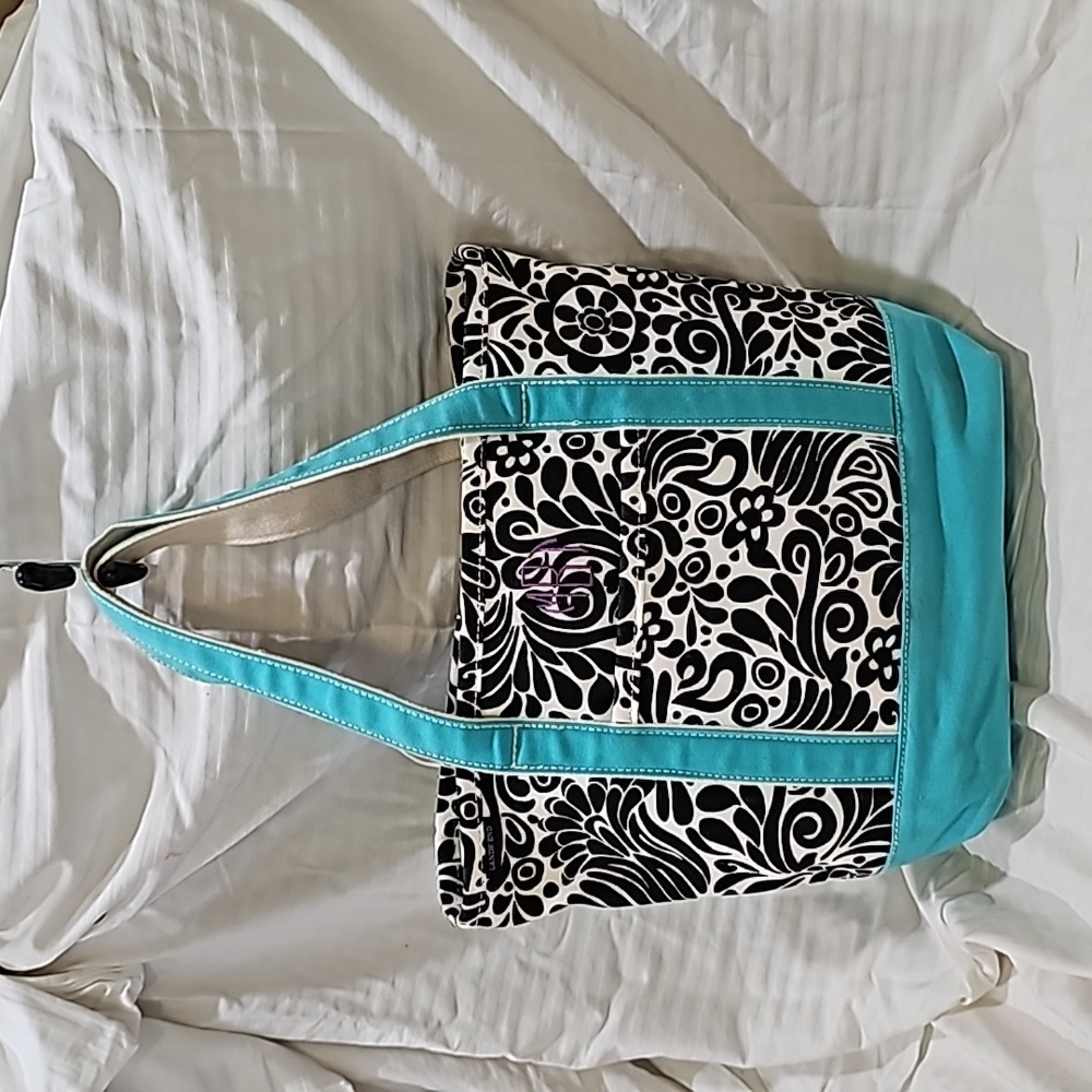 Lands End tote light teal blue, white and black, monogram MBT.